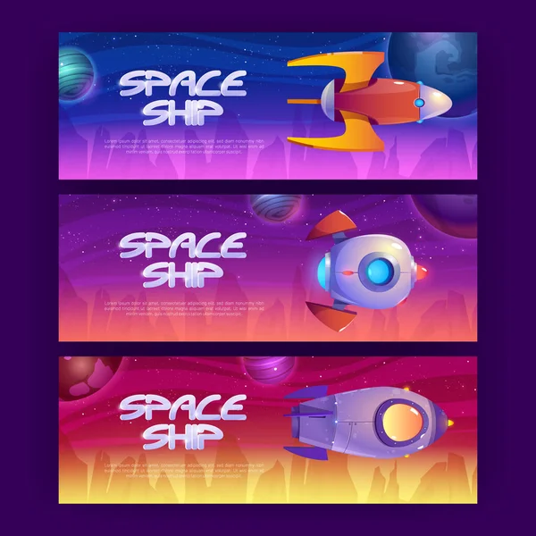 Bandeiras de desenhos animados de nave espacial com foguetes no cosmos —  Vetores de Stock