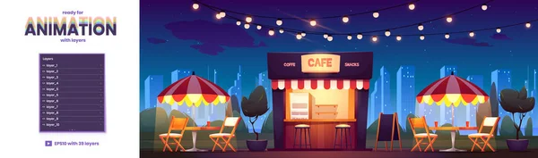 Café de rua à noite cityscape fundo, camadas —  Vetores de Stock