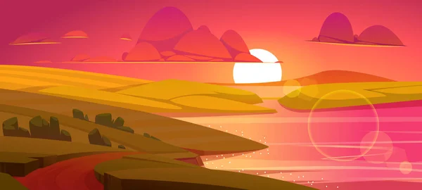 Літній пейзаж з річкою і полями на заході сонця — стоковий вектор