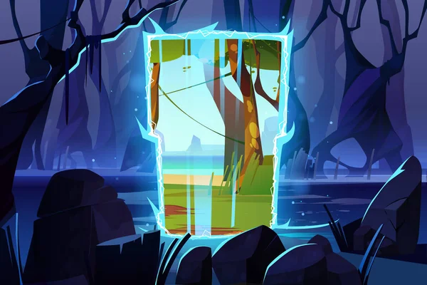 Ciemny las nocny z magicznym portalem do obcego świata — Wektor stockowy