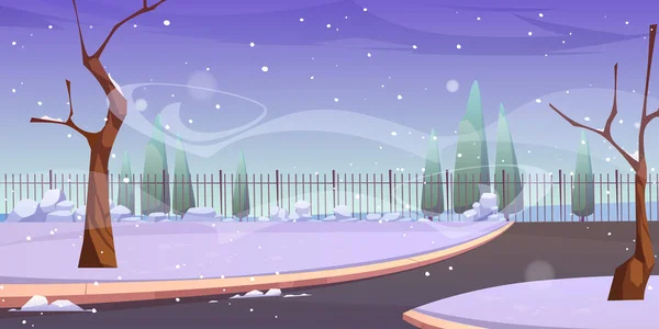 冬季公园，雪地，光秃秃的树木和篱笆 — 图库矢量图片