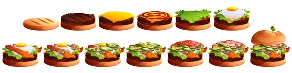 Hamburger pişirme aşamaları. Hamburger katmanları — Stok Vektör