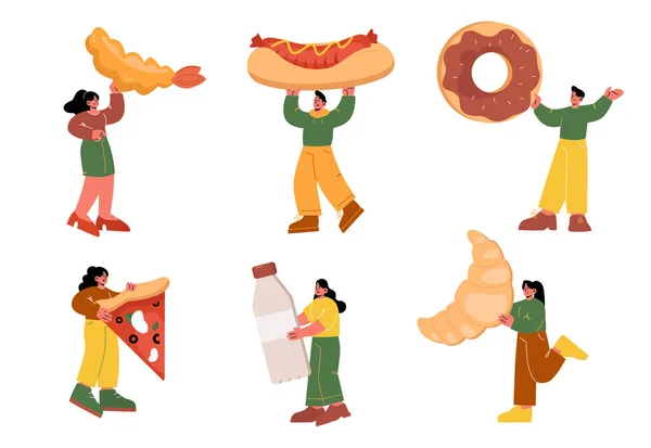 Pequeños personajes con comida rápida enorme, panadería, bebida — Archivo Imágenes Vectoriales