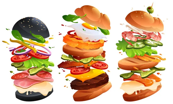 Hamburgerler ve hamburgerler ayrı katmanlarda hareket eder. — Stok Vektör