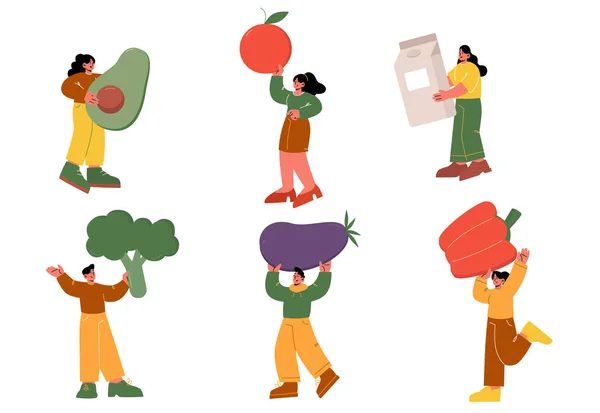 Kocaman meyveleri ve sebzeleri olan küçük karakterler. — Stok Vektör
