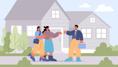 Lezbiyen çift yeni ev alıyor, ajan anahtarları veriyor.