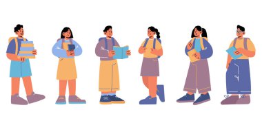 Okula, sırt çantalı çocuk öğrencilere, kitaplara.