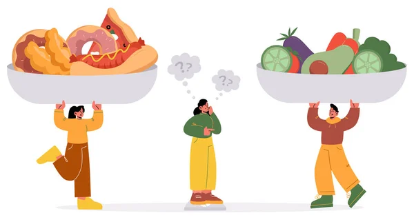 Kadın sağlıklı ve sağlıksız yemek arasında seçim — Stok Vektör