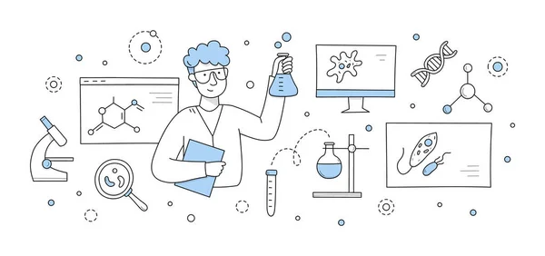 Wissenschaft Doodle-Konzept, Chemiker hält Becher — Stockvektor