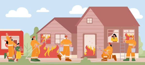 Grupp av brandmän som slåss med eld vid brinnande hus — Stock vektor