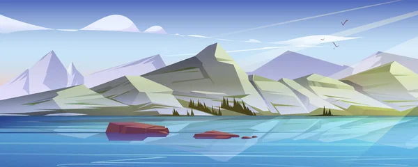 Paisaje nórdico con lago y cordillera — Vector de stock