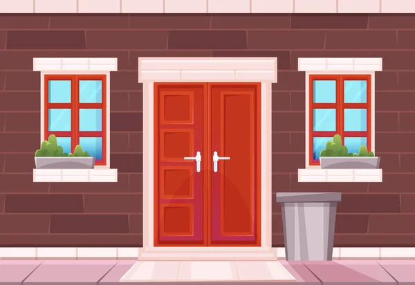 벽돌 벽, 붉은 문, 창문 이 있는 집 정면 — 스톡 벡터