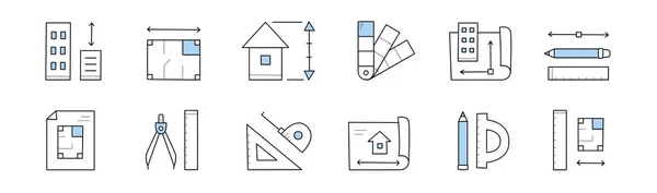 Iconos de arquitectura, proyecto de casa, herramientas de medida — Archivo Imágenes Vectoriales