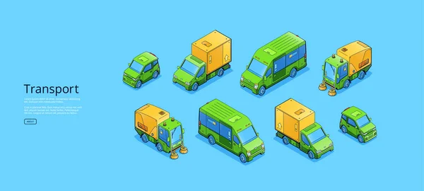 具有等距运输、公共汽车、面包车和汽车的横幅 — 图库矢量图片