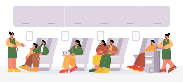 Yolcu ve hosteslerle dolu bir uçak kabini. — Stok Vektör
