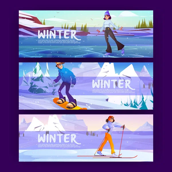 Manifesto invernale con persone su snowboard, sci, skate — Vettoriale Stock