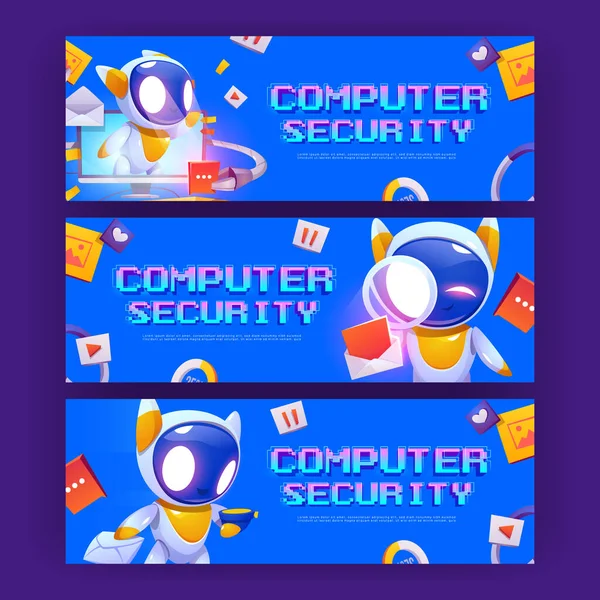 Banner di sicurezza per computer con robot carino — Vettoriale Stock