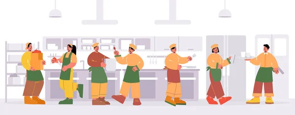 Restaurante cocina con chef, trabajadores y camarero — Vector de stock