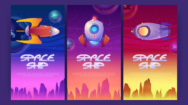 Ruimteschip posters met raketten en buitenaardse planeten — Stockvector