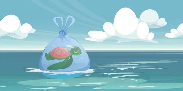 Tartaruga marina intrappolata in un sacchetto di plastica galleggiante nell'oceano — Vettoriale Stock