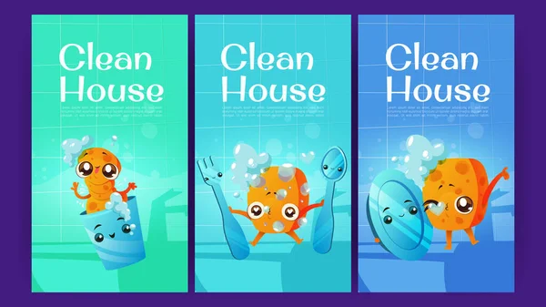 Tiszta ház rajzfilm plakátok tisztító szivacsok — Stock Vector