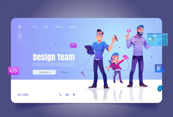 Design csapat rajzfilm kezdőlap tervezőkkel — Stock Vector