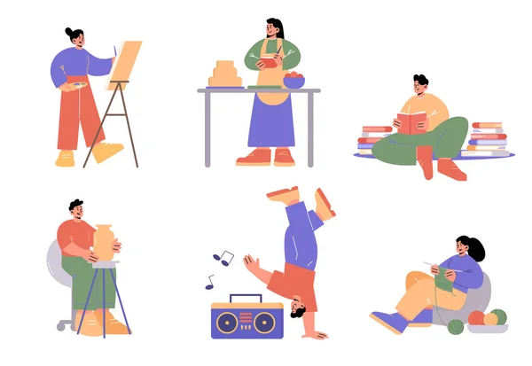 Les gens qui font des passe-temps, peinture, cuisine, tricot — Image vectorielle