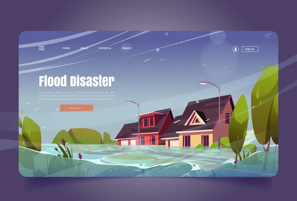 Banner de desastre de inundación, inundación y lluvia en la ciudad — Vector de stock