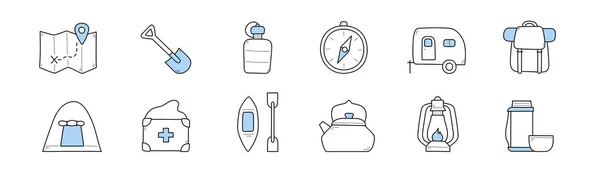 Conjunto de camping e caminhadas coleção de ícones doodle — Vetor de Stock