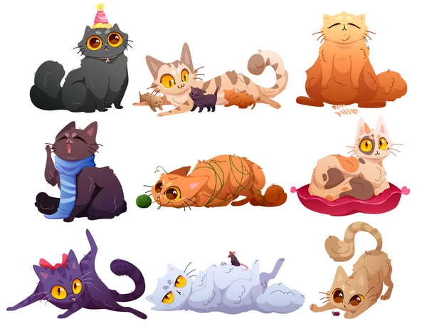 Милі коти, пухнасті домашні тварини в різних позах — стоковий вектор