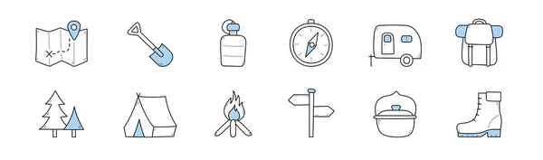 Ícones de acampamento de verão com barraca, mochila, mapa, fogo — Vetor de Stock