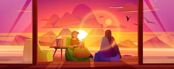 Mujer descanso en casa terraza al atardecer — Vector de stock