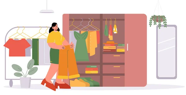 Kvinna stående på öppen garderob väljer klänningar — Stock vektor