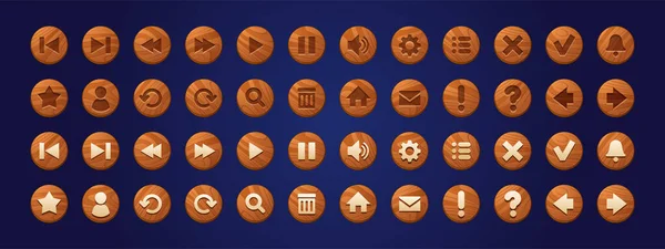 Drewniane przyciski internetowe, okrągłe ikony interfejsu gry — Wektor stockowy