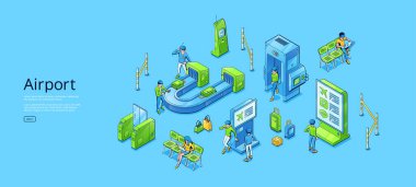 Havaalanı izometrik web pankartı, yolcular seyahat