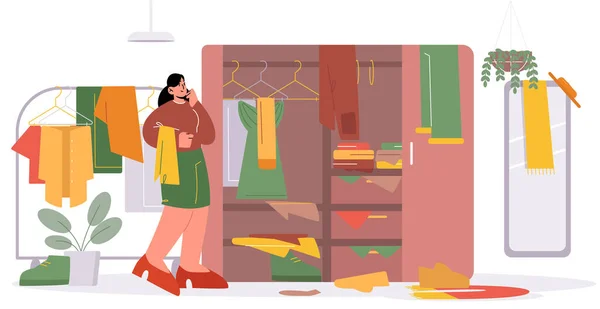 Mulher escolher roupas no guarda-roupa —  Vetores de Stock