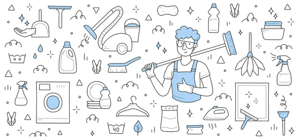 Nettoyage fond de service avec l'homme travailleur — Image vectorielle