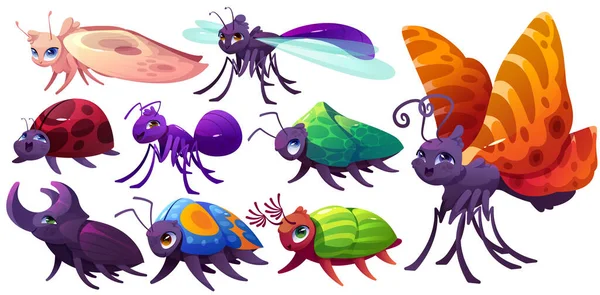 Cartoon insects characters mole, dragonfly, bedbug — Stock Vector