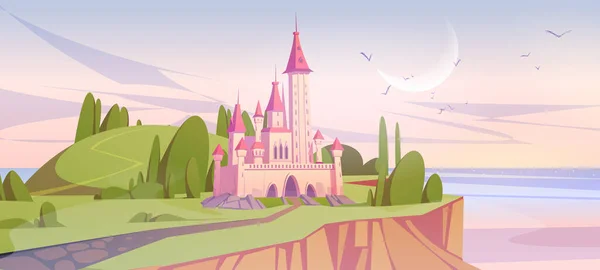 Ροζ μαγικό κάστρο στο πράσινο βράχο της θάλασσας το πρωί — Διανυσματικό Αρχείο