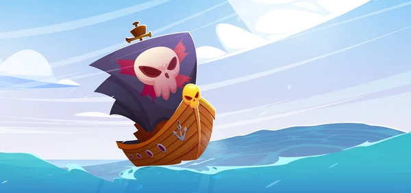 Navio pirata com velas pretas e crânio alegre roger — Vetor de Stock
