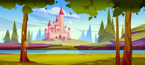 Ροζ μαγικό κάστρο στο πράσινο λόφο στην ακτή του ποταμού — Διανυσματικό Αρχείο