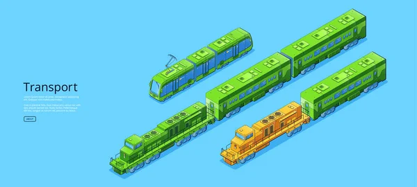 Bandiera con trasporto isometrico, tram e treni — Vettoriale Stock