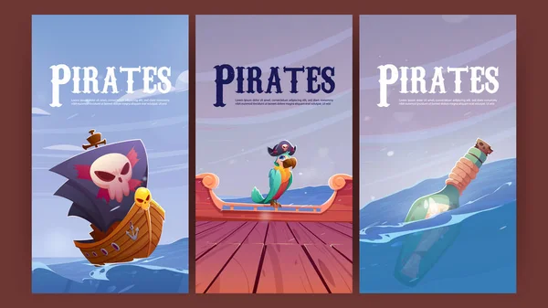 배, 앵무새, 병들이 들어 있는 해적 포스터 — 스톡 벡터