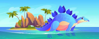 Tropikal ada arka planında Stegosaurus dinozoru
