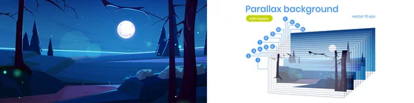 Parallax Hintergrund Cartoon Nacht Natur Landschaft — Stockvektor