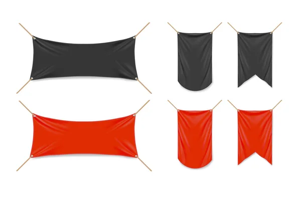 Vinil bannerek 3D-s vektor mockup, fekete vagy piros zászlók — Stock Vector