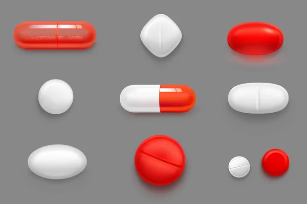 Pastillas, tabletas y medicamentos cápsulas rojas y blancas — Vector de stock