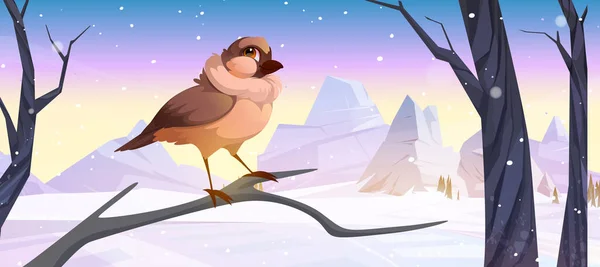 Cartoon mus vogel zittend op tak in de winter — Stockvector