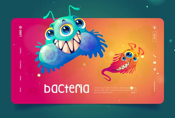 Bacterias página de inicio de dibujos animados, lindas células de virus — Vector de stock