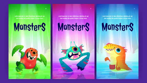 Cartoon plakáty s roztomilými monstry, pozvánka — Stockový vektor